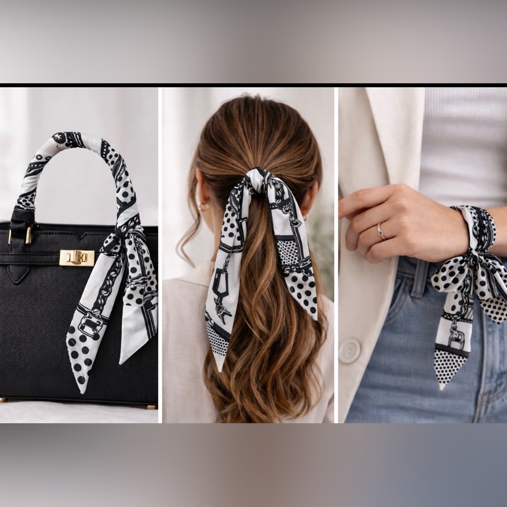 WHITE BLACK POLKA DOT SKINNY SCARF BAG HANDLE WRAP HAIR TIE NECK SCARF BANDEAU